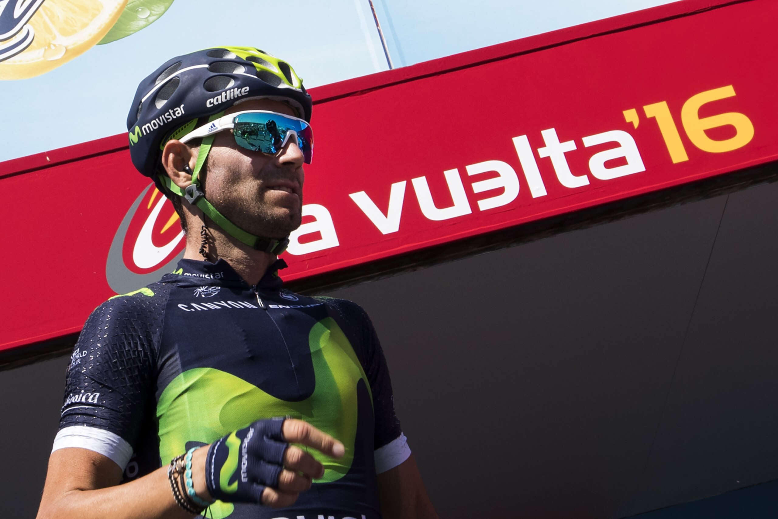 Movistar's Spanish cyclist Alejandro Valverde looks-on before the start of the third stage of the 71st edition of 'La Vuelta' Tour of Spain, a 170 km route between Marin (Pontevedra) and Mirador Ezaro on August 22, 2016. / AFP / JAIME REINA        (Photo credit should read JAIME REINA/AFP/Getty Images)