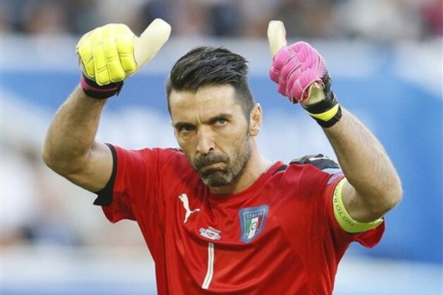 Italy goalkeeper Gianluigi Buffon  during the Euro 2016 quarterfinal soccer match between Germany and Italy, at the Nouveau Stade in Bordeaux, France, Saturday, July 2, 2016. (AP Photo/Michael Probst)