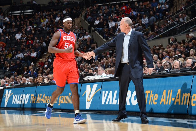 SAN ANTONIO, TX - JANUARY 5:  Head Coach Doug Collins of the Philadelphia 76ers encourages Kwame Brown #54 of the Philadelphia 76ers during the game between the Philadelphia 76ers and the San Antonio Spurs on January 5, 2013 at the AT&T Center in San Antonio, Texas. NOTE TO USER: User expressly acknowledges and agrees that, by downloading and or using this photograph, user is consenting to the terms and conditions of the Getty Images License Agreement. Mandatory Copyright Notice: Copyright 2012 NBAE (Photos by D. Clarke Evans/NBAE via Getty Images)