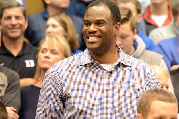 Feb 7, 2015; Durham, NC, USA; Former NBA player David Robinson watches introductions prior to the first half between the Notre Dame Fighting Irish and Duke Blue Devils at Cameron Indoor Stadium. Mandatory Credit: Rob Kinnan-USA TODAY Sports