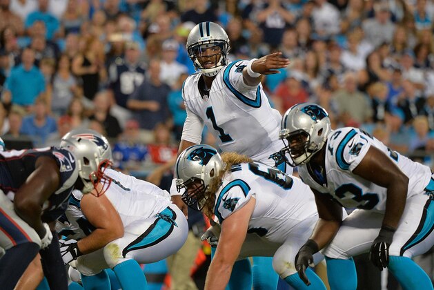 CHARLOTTE, NC - AUGUST 28:  Cam Newton #1 of the Carolina Panthers against the New England Patriots during their preseason NFL game at Bank of America Stadium on August 28, 2015 in Charlotte, North Carolina.  (Photo by Grant Halverson/Getty Images)