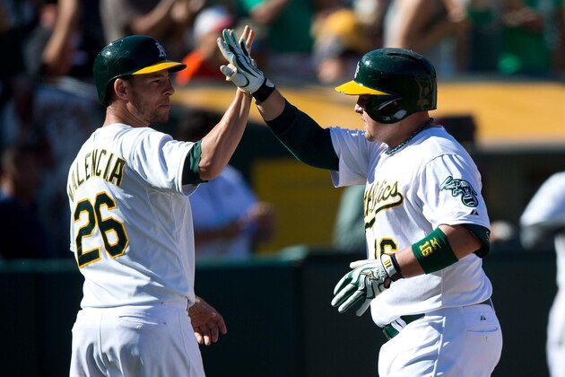 OAKLAND, CA - SEPTEMBER 26:  Billy Butler #16 of the Oakland Athletics is congratulated by Danny Valencia #26 after hitting a two run home run against the San Francisco Giants during the sixth inning at O.co Coliseum on September 26, 2015 in Oakland, California. The San Francisco Giants defeated the Oakland Athletics 14-10. (Photo by Jason O. Watson/Getty Images)