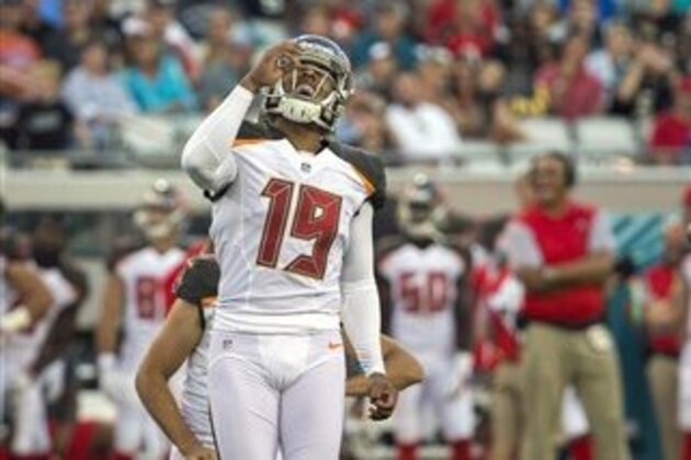 Tampa Bay Buccaneers kicker Roberto Aguayo (19) and Jacksonville Jaguars cornerback Jalen Ramsey (20) reacts to a missed field goal during the first half of an NFL preseason football game, Saturday, Aug. 20, 2016, in Jacksonville, Fla. (AP Photo/Stephen B. Morton)