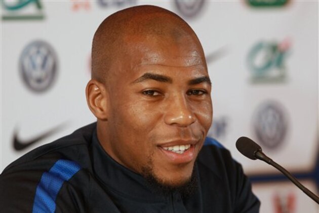Djibril Sidibe soccer player of the French national team, gives a press conference in Biarritz, southwestern France, Thursday, May 19, 2016. The French team are preparing for the Euro 2016 soccer championship that will take place in France from June 10 to July 10. (AP Photo/Bob Edme)