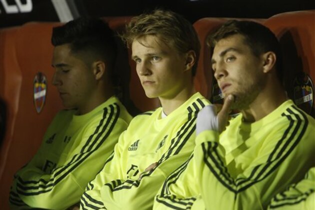 Real Madrid's Martin Odegaard before the Spanish La Liga soccer match between Real Madrid and Levante at the Ciutat de Valencia stadium in Valencia, Spain, Wednesday,  March 2, 2016. (AP Photo/Alberto Saiz)