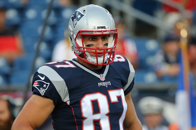 FOXBORO, MA - AUGUST 11:  Rob Gronkowski #87 of the New England Patriots watches during pre game drills before a preseason game against the New Orleans Saints at Gillette Stadium on August 11, 2016 in Foxboro, Massachusetts. (Photo by Jim Rogash/Getty Images)