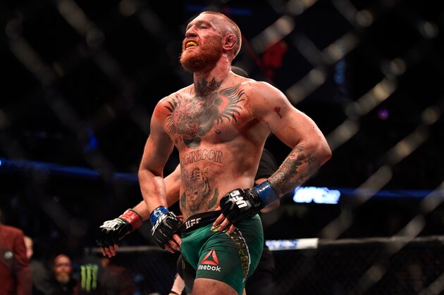 LAS VEGAS, NV - AUGUST 20:  Conor McGregor of Ireland finishes five rounds against Nate Diaz in their welterweight bout during the UFC 202 event at T-Mobile Arena on August 20, 2016 in Las Vegas, Nevada. (Photo by Jeff Bottari/Zuffa LLC/Zuffa LLC via Getty Images)