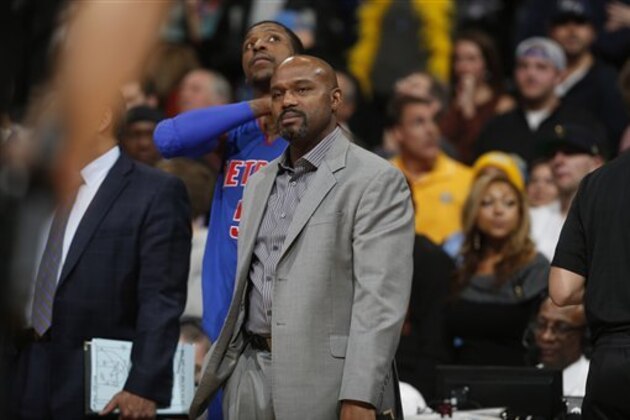Detroit Pistons assistant coach Tim Hardaway in the second half of an NBA basketball game Saturday, Jan. 23, 2016, in Denver. The Nuggets won 104-101. (AP Photo/David Zalubowski)