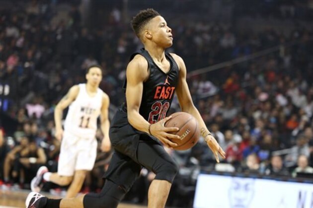 The East team's Markelle Fultz #20 in action against the West team during a high school basketball game in the Jordan Brand Classic on Friday, April 15, 2016 in Brooklyn, NY.  (AP Photo/Gregory Payan)