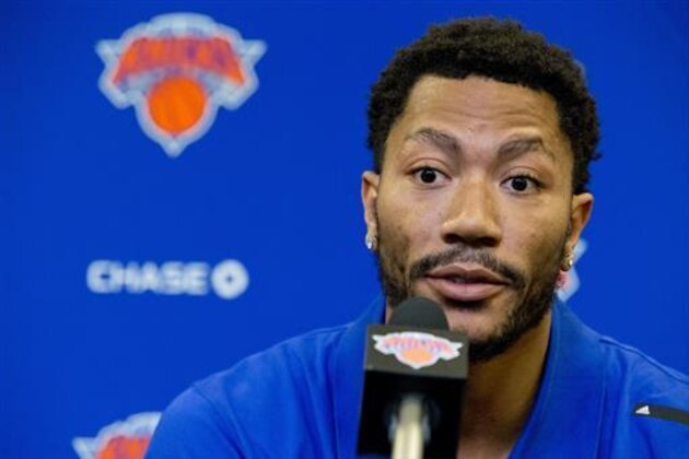 Derrick Rose speaks during a news conference at Madison Square Garden, Friday, June 24, 2016, in New York. The New York Knicks introduced Rose, the former NBA basketball MVP they acquired from the Chicago Bulls. (AP Photo/Mary Altaffer)