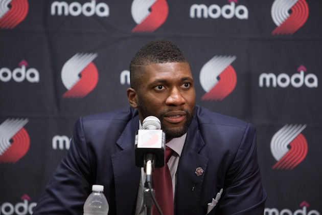 PORTLAND, OR - JULY 8: Festus Ezeli #31 of the Portland Trail Blazers is introduced to the media July 8, 2016 at the Trail Blazer Practice Facility in Portland, Oregon. NOTE TO USER: User expressly acknowledges and agrees that, by downloading and or using this photograph, user is consenting to the terms and conditions of the Getty Images License Agreement. Mandatory Copyright Notice: Copyright 2016 NBAE (Photo by Sam Forencich/NBAE via Getty Images)