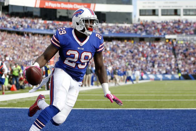 Oct 4, 2015; Orchard Park, NY, USA; Buffalo Bills running back Karlos Williams (29) celebrates his touchdown against the New York Giants during the second half at Ralph Wilson Stadium. Giants beat the Bills 24-10. Mandatory Credit: Kevin Hoffman-USA TODAY Sports