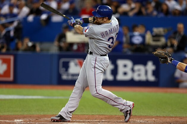 TORONTO, ON - OCTOBER 08:  Josh Hamilton #32 of the Texas Rangers flies out in the fourth inning against Toronto Blue Jays during game one of the American League Division Series at Rogers Centre on October 8, 2015 in Toronto, Ontario, Canada.  (Photo by Vaughn Ridley/Getty Images)