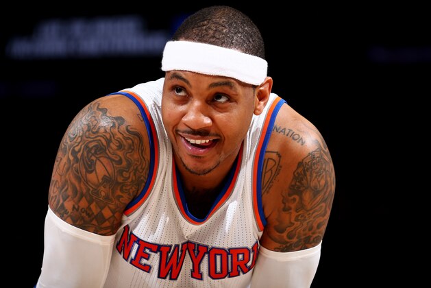 NEW YORK, NY - APRIL 6:  Carmelo Anthony #7 of the New York Knicks looks on during the game against the Charlotte Hornets on April 6, 2016 at Madison Square Garden in New York City.  NOTE TO USER: User expressly acknowledges and agrees that, by downloading and or using this photograph, User is consenting to the terms and conditions of the Getty Images License Agreement. Mandatory Copyright Notice: Copyright 2016 NBAE  (Photo by Nathaniel S. Butler/NBAE via Getty Images)