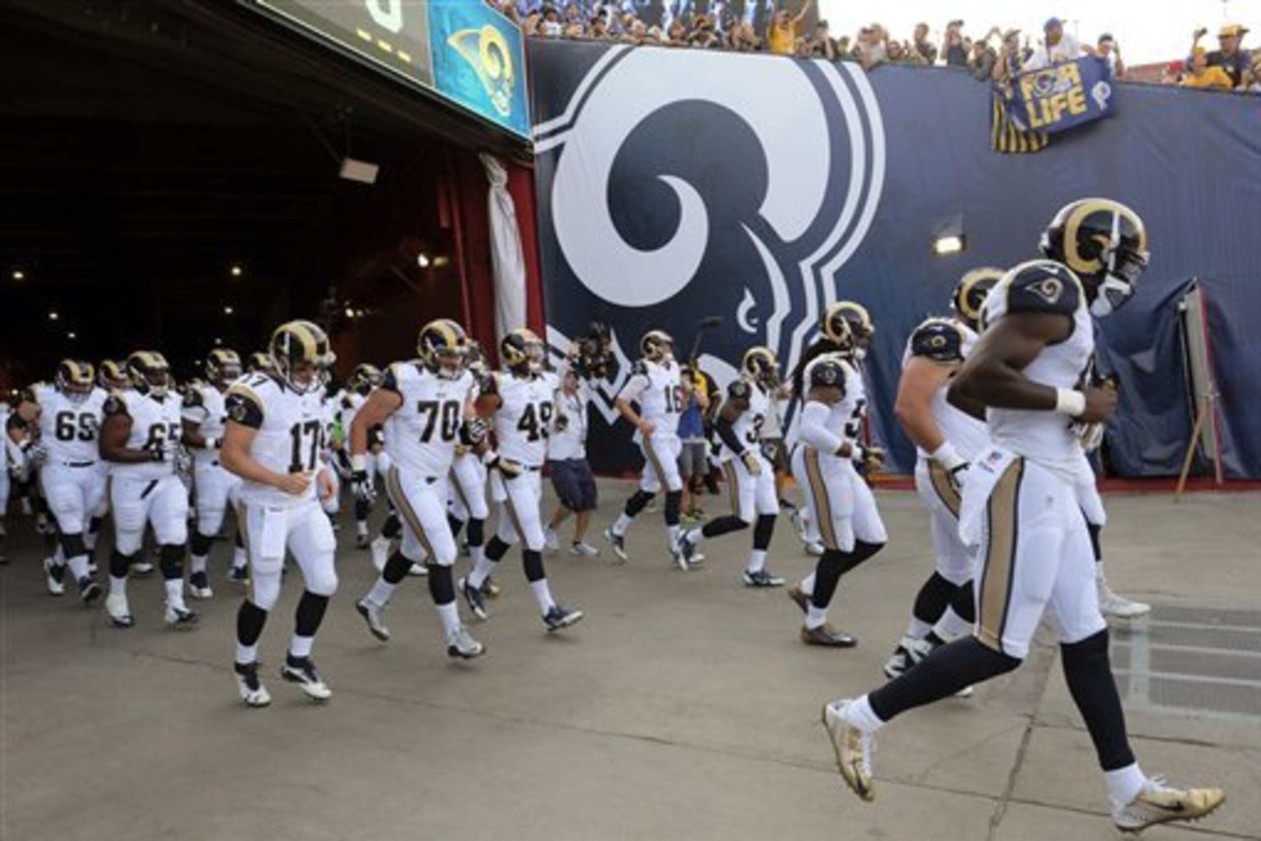 This Saturday, Aug. 20, 2016 photo shows members of Los Angeles Rams football team take to the field to prior to a preseason NFL football game between the Los Angeles Rams and the Kansas City Chiefs  in Los Angeles. (AP Photo/Richard Vogel)