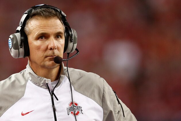 ARLINGTON, TX - JANUARY 12: Head Coach Urban Meyer of the Ohio State Buckeyes looks on against the Oregon Ducks during the College Football Playoff National Championship Game at AT&T Stadium on January 12, 2015 in Arlington, Texas.  (Photo by Christian Petersen/Getty Images)