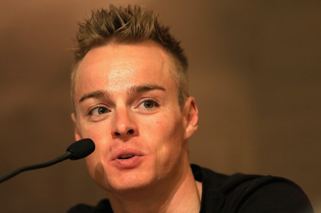 ESCONDIDO, CA - MAY 10:  Gianni Meersman of Belgium riding for Omega Pharma-Quick Step addresses the media during the kick off press conference for the 2013 AMGEN Tour of California on May 10, 2013 in Escondido, United States.  (Photo by Doug Pensinger/Getty Images)