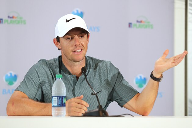 FARMINGDALE, NY - AUGUST 24:  Rory McIlroy of Northern Ireland speaks to the media during the pro-am as a preview for The Barclays in the PGA Tour FedExCup Play-Offs on the Black Course at Bethpage State Park on August 24, 2016 in Farmongdale, New York.  (Photo by David Cannon/Getty Images)