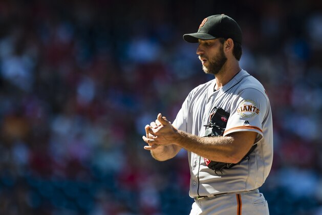 WASHINGTON, DC - AUGUST 7: Starting pitcher Madison Bumgarner #40 of the San Francisco Giants prepares to throw a pitch to a Washington Nationals batter in the eighth inning during a MLB baseball game at Nationals Park on August 7, 2016 in Washington, DC. (Photo by Patrick McDermott/Washington Nationals/Getty Images)
