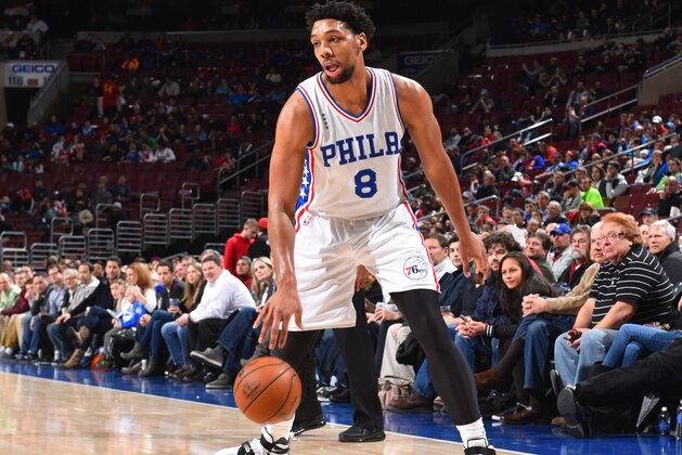 PHILADELPHIA,PA - FEBRUARY 23:  Jahlil Okafor #8 of the Philadelphia 76ers dribbles the ball against the Orlando Magic at Wells Fargo Center on February 23, 2016 in Philadelphia, Pennsylvania NOTE TO USER: User expressly acknowledges and agrees that, by downloading and/or using this Photograph, user is consenting to the terms and conditions of the Getty Images License Agreement. Mandatory Copyright Notice: Copyright 2016 NBAE (Photo by Jesse D. Garrabrant/NBAE via Getty Images)
