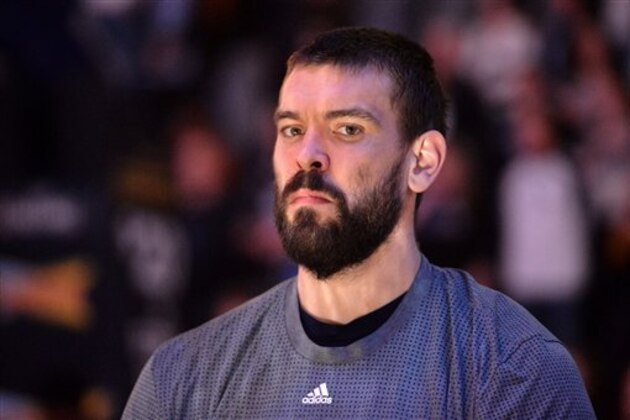 Memphis Grizzlies center Marc Gasol stands on the court before an NBA basketball game Saturday, Feb. 6, 2016, in Memphis, Tenn. (AP Photo/Brandon Dill)