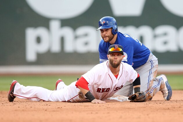 BOSTON, MA - JUNE 04:  Dustin Pedroia #15 of the Boston Red Sox looks on after turning a double play as Russell Martin #55 of the Toronto Blue jays looks on in the eighth inning during the game at Fenway Park on June 4, 2016 in Boston, Massachusetts.  (Photo by Adam Glanzman/Getty Images)