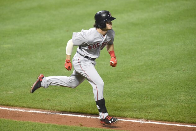 BALTIMORE, MD - AUGUST 16:  Andrew Benintendi #40 of the Boston Red Sox runs to first base during a baseball game against the Baltimore Orioles at Oriole Park at Camden Yards at on August 16, 2016 in Baltimore, Maryland.  The Red Sox won 5-3.  (Photo by Mitchell Layton/Getty Images)