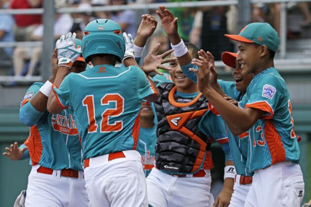 Panama's Joaquin Tejada (12) celebrates with teammates after hitting a solo home run off Australia's Clayton Campbell during the second inning of an International pool play baseball game at the Little League World Series tournament in South Williamsport, Pa., Monday, Aug. 22, 2016. (AP Photo/Gene J. Puskar)