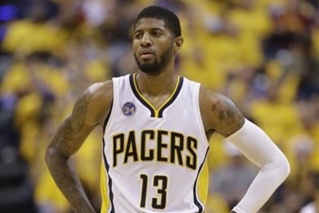 Indiana Pacers' Paul George (13) in action during the second half of Game 6 of an NBA first-round playoff basketball series against the Toronto Raptors, Friday, April 29, 2016, in Indianapolis. Indiana won 101-83. (AP Photo/Darron Cummings)