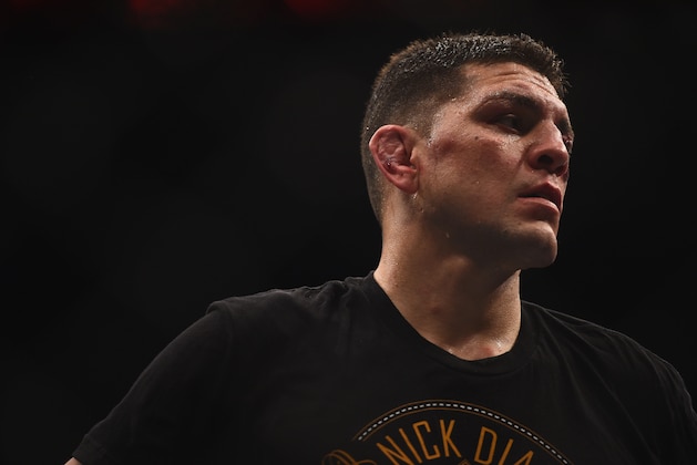 LAS VEGAS, NV - JANUARY 31:  Nick Diaz stands in the Octagon after his middleweight bout during the UFC 183 event at the MGM Grand Garden Arena on January 31, 2015 in Las Vegas, Nevada.  (Photo by Jeff Bottari/Zuffa LLC/Zuffa LLC via Getty Images)
