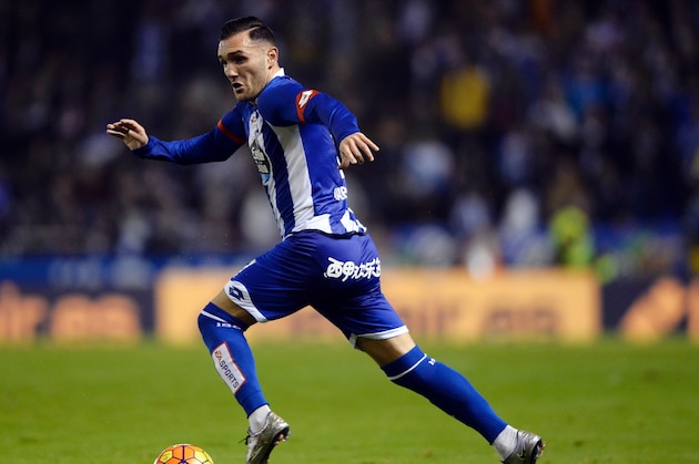 Deportivo La Coruna's midfielder Lucas Perez controls the ball during the Spanish league football match RC Deportivo de la Coruna vs Sevilla FC at the Municipal de Riazor stadium in La Coruna on December 5, 2015.   / AFP / MIGUEL RIOPA        (Photo credit should read MIGUEL RIOPA/AFP/Getty Images)