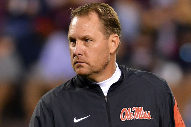 Nov 28, 2015; Starkville, MS, USA; Mississippi Rebels head coach Hugh Freeze walks through warm ups before the game against the Mississippi State Bulldogs at Davis Wade Stadium. Mandatory Credit: Matt Bush-USA TODAY Sports