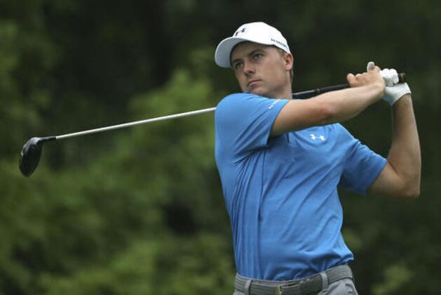 Jordan Spieth watches his tee shot on the third hole during the third round of the PGA Championship golf tournament at Baltusrol Golf Club in Springfield, N.J., Sunday, July 31, 2016. (AP Photo/Seth Wenig)