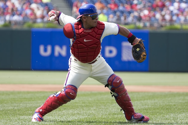 PHILADELPHIA, PA - JUNE 4: Carlos Ruiz #51 of the Philadelphia Phillies throws the ball to first base against the Milwaukee Brewers at Citizens Bank Park on June 4, 2016 in Philadelphia, Pennsylvania. (Photo by Mitchell Leff/Getty Images)