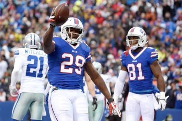 Buffalo Bills running back Karlos Williams (29) celebrates after scoring a touchdown against the Dallas Cowboys during the first half of an NFL football game, Sunday, Dec. 27, 2015, in Orchard Park, N.Y. (AP Photo/Gary Wiepert)
