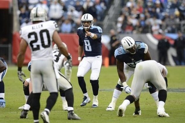 Tennessee Titans quarterback Marcus Mariota (8) calls a play in the first half of an NFL football game against the Oakland Raiders Sunday, Nov. 29, 2015, in Nashville, Tenn. (AP Photo/Mark Zaleski)