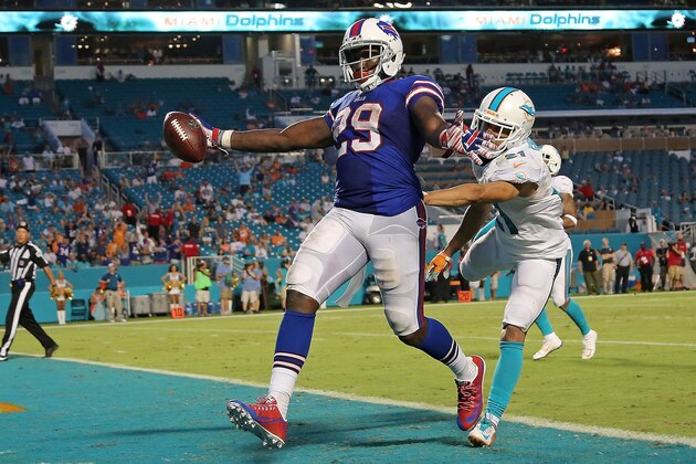 MIAMI GARDENS, FL - SEPTEMBER 27:  Karlos Williams #29 of the Buffalo Bills scores a touchdown during a game against the Miami Dolphins at Sun Life Stadium on September 27, 2015 in Miami Gardens, Florida.  (Photo by Mike Ehrmann/Getty Images)