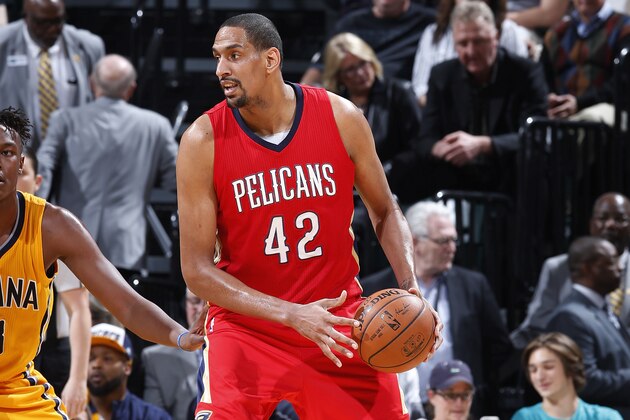 INDIANAPOLIS, IN - MARCH 24: Alexis Ajinca #42 of the New Orleans Pelicans looks to the basket against the Indiana Pacers during a game at Bankers Life Fieldhouse on March 24, 2016 in Indianapolis, Indiana. The Pacers defeated the Pelicans 92-84. NOTE TO USER: User expressly acknowledges and agrees that, by downloading and or using the photograph, User is consenting to the terms and conditions of the Getty Images License Agreement. (Photo by Joe Robbins/Getty Images)