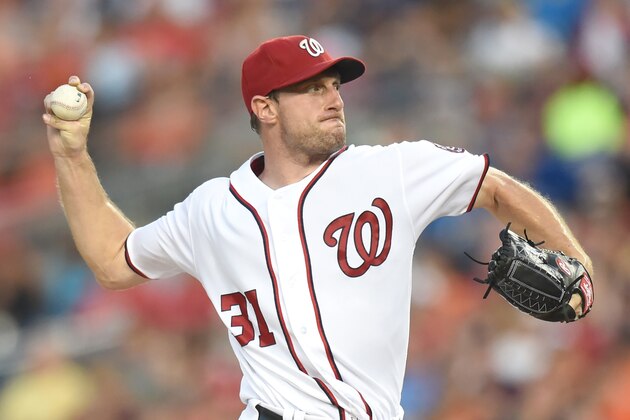 WASHINGTON, DC - AUGUST 25:  Max Scherzer #31 of the Washington Nationals pitches in the first inning during a baseball game against the the Baltimore Orioles at Nationals Park on August 25, 2016 in Washington, DC.  (Photo by Mitchell Layton/Getty Images)