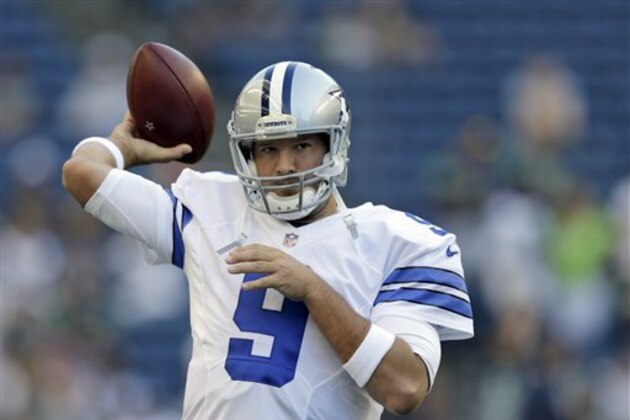 Dallas Cowboys quarterback Tony Romo passes during warmups before a preseason NFL football game against the Seattle Seahawks, Thursday, Aug. 25, 2016, in Seattle. (AP Photo/Stephen Brashear)
