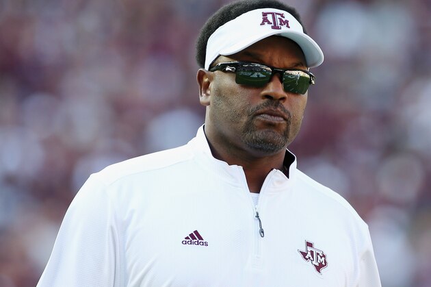 COLLEGE STATION, TX - SEPTEMBER 12:  Head coach Kevin Sumlin of the Texas A&M Aggies walks across the field before the start of their game against the Ball State Cardinals at Kyle Field on September 12, 2015 in College Station, Texas.  (Photo by Scott Halleran/Getty Images)
