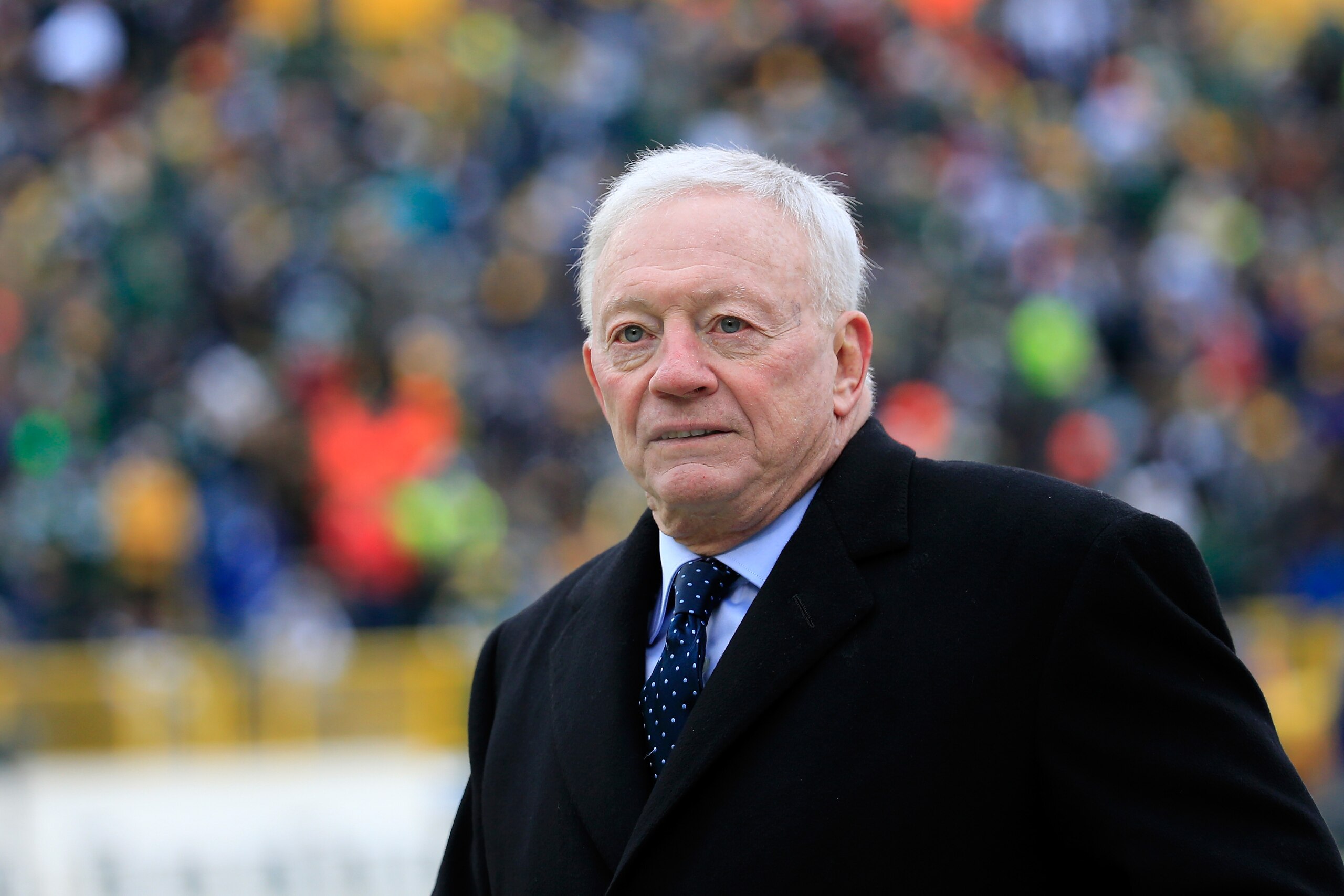 GREEN BAY, WI - JANUARY 11: Dallas Cowboys owner, Jerry Jones, stands on the sidelines in the first quarter of the 2015 NFC Divisional Playoff game between the Dallas Cowboys and the Green Bay Packers at Lambeau Field on January 11, 2015 in Green Bay, Wisconsin. (Photo by Rob Carr/Getty Images) GREEN BAY, WI - JANUARY 11: Dallas Cowboys owner, Jerry Jones, stands on the sidelines in the first quarter of the 2015 NFC Divisional Playoff game between the Dallas Cowboys and the Green Bay Packers at Lambeau Field on January 11, 2015 in Green Bay, Wisconsin. (Photo by Rob Carr/Getty Images)