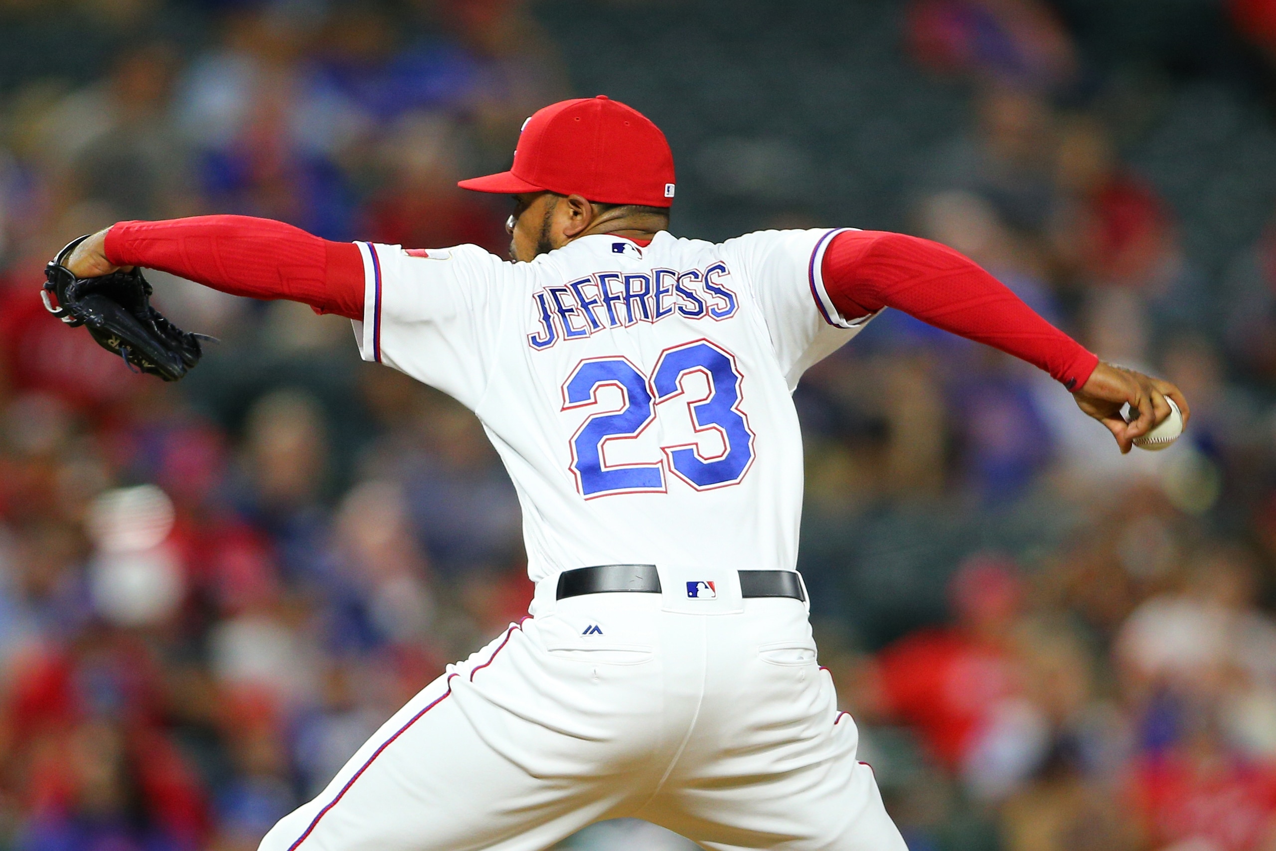 ARLINGTON, TX - AUGUST 16: Jeremy Jeffress #23 of the Texas Rangers throws in the seventh inning against the Oakland Athletics at Globe Life Park in Arlington on August 16, 2016 in Arlington, Texas. (Photo by Rick Yeatts/Getty Images) ARLINGTON, TX - AUGUST 16: Jeremy Jeffress #23 of the Texas Rangers throws in the seventh inning against the Oakland Athletics at Globe Life Park in Arlington on August 16, 2016 in Arlington, Texas. (Photo by Rick Yeatts/Getty Images)