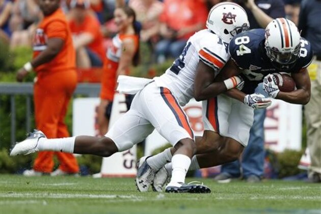 Auburn wide receiver Myron Burton Jr. (84) scores in the first quarter against Auburn defensive back Stephen Roberts (14) during their spring NCAA college football game, Saturday, April 18, 2015, in Auburn, Ala. (AP Photo/Brynn Anderson)