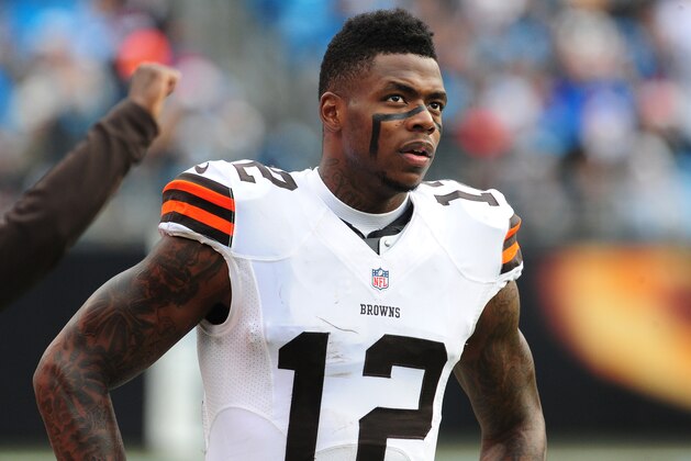 CHARLOTTE, NC - DECEMBER 21: Josh Gordon #12 of the Cleveland Browns watches the action against the Carolina Panthers on December 21, 2014 at Bank of America Stadium in Charlotte, North Carolina.  (Photo by Scott Cunningham/Getty Images)