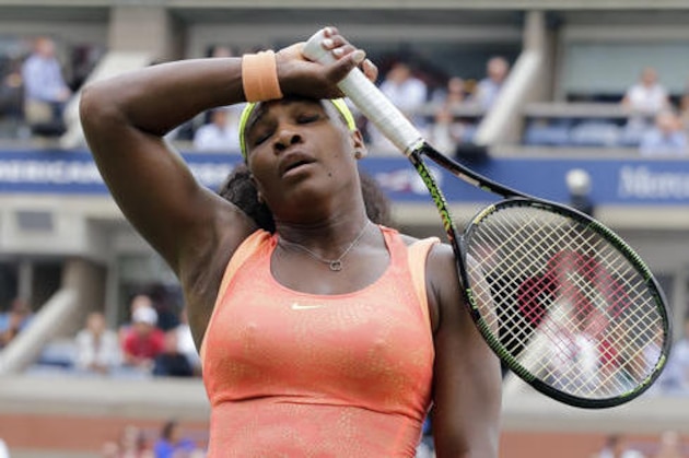FILE - In this Sept. 11, 2015, file photo, Serena Williams reacts after losing a point to Roberta Vinci, of Italy, during a semifinal match at the U.S. Open tennis tournament, in New York. Despite everything that she has won and done, her sense of self can still fluctuate based on the outcome of a particular match. The first round of the U.S. Open tennis tournament is scheduled for Monday, Aug. 29, 2016. (AP Photo/Bill Kostroun, File)