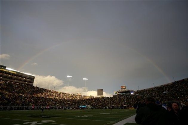 A rainbow is seen over Autzen Stadium during the second half of an NCAA college football game between Washington State and Oregon Saturday, Oct. 10, 2015, in Eugene, Ore. (AP Photo/Ryan Kang)