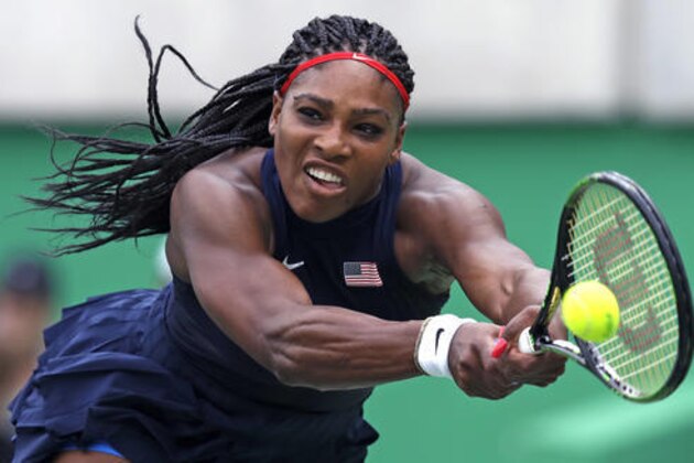 FILE - In this Aug. 7, 2016, file photo, Serena Williams, of the United States, reaches for a return against Daria Gavrilova, of Australia, at the 2016 Summer Olympics in Rio de Janeiro, Brazil.  The first round of the U.S. Open tennis tournament is scheduled for Monday, Aug. 29. (AP Photo/Charles Krupa, File)