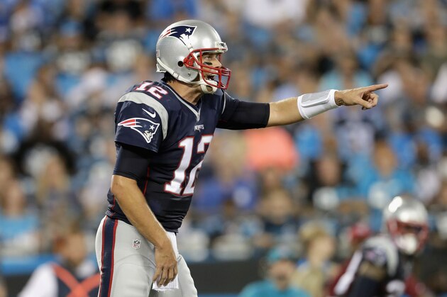 CHARLOTTE, NC - AUGUST 26:   Tom Brady #12 of the New England Patriots yells to his team during their game against the Carolina Panthers at Bank of America Stadium on August 26, 2016 in Charlotte, North Carolina.  (Photo by Streeter Lecka/Getty Images)
