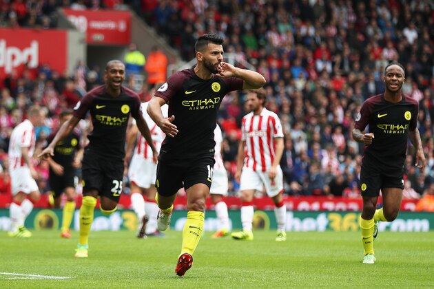 STOKE ON TRENT, ENGLAND - AUGUST 20:  Sergio Aguero of Manchester City celebrates scoring his sides first goal during the Premier League match between Stoke City and Manchester City at Bet365 Stadium on August 20, 2016 in Stoke on Trent, England.  (Photo by Chris Brunskill/Getty Images)